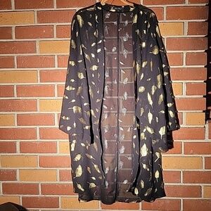 Honey Punch Sheer Black with Gold Feathers Open Over Coat, Size: S